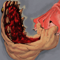 A digital painting of a sunburnt hand digging into a fleshy mound of a monster. It bares its teeth, showing off the red roof of its mouth.